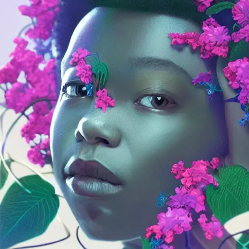 Image similar to colourful vfx art - portrait of nigerian boy wrapped in flowers & vines, art by hsiao - ron cheng & james jean, volumetric light, colourful, sharp, detailed, digital painting, illustration, illustration, highly detailed, intricate detail, unreal engine, octae render, pinterest, behance, art station,