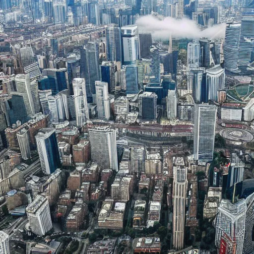 Image similar to marquess brownlee walking skyline between twin towers aerial shot cloudy day