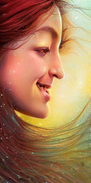 Image similar to infp young woman, smiling amazed, golden fireflies lights, sitting in the midst of nature fully covered, long loose red hair, intricate linework, green eyes, small nose with freckles, oval shape face, realistic, expressive emotions, dramatic lights spiritual scene, hyper realistic ultrafine art by michael cheval, jessica rossier, boris vallejo