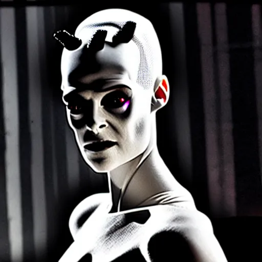 Image similar to cinematic portrait of kristen mcmenamy as bride of frankenstein as a replicant in a busy nightclub, frightened and angry, still from the movie ex machina, fashion photography, a sign is in the background, 8 k, high detail, face in focus