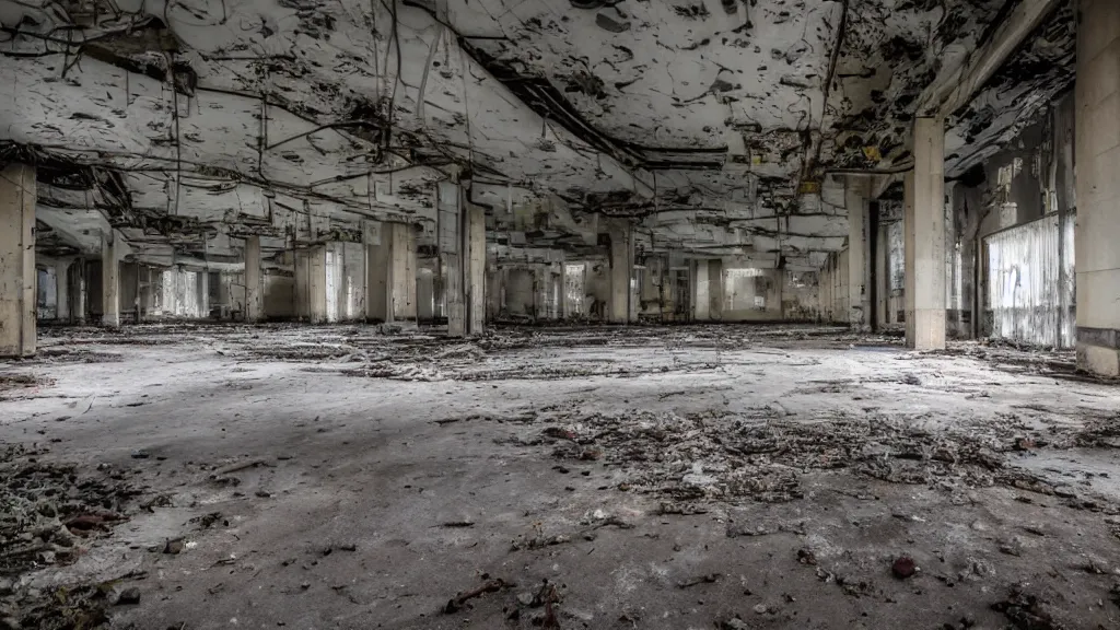 Prompt: inside an old abandoned derelict data centre.