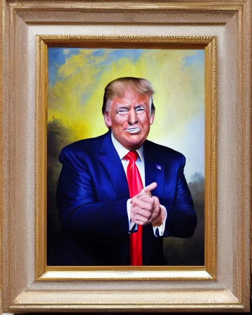 Image similar to a presidential portrait of donald trump in the style of ken currie hanging on a wall at mar - a - largo