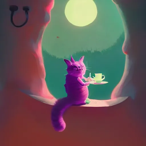 Image similar to cheshire cat drinking tea, in the style of atey ghailan and james gilleard and goro fujita, exquisite lighting, art, very coherent, trending on artstation