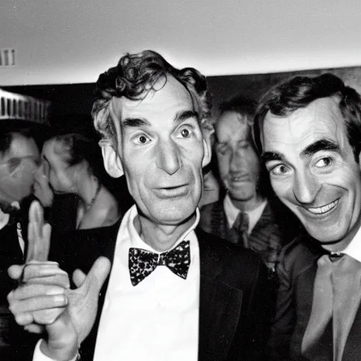 Image similar to bill nye in a nightclub with richard feynman and mr. bean