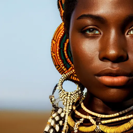 Image similar to vintage portrait of a stunningly beautiful west african tribal female, depth of field, zeiss lens, detailed, symmetrical, centered, fashion photoshoot, by edward s curtis, Annie Leibovitz and Steve McCurry, David Lazar, Jimmy Nelsson, Breathtaking, 8k resolution, extremely detailed, beautiful, establishing shot, artistic, hyperrealistic, beautiful face, octane render