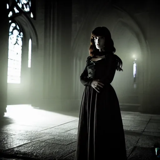 Image similar to intense medium shot of mary elizabeth winstead as a vampire in a gothic cathedral at night, gloomy, cinematic, ground mist, volumetric light.