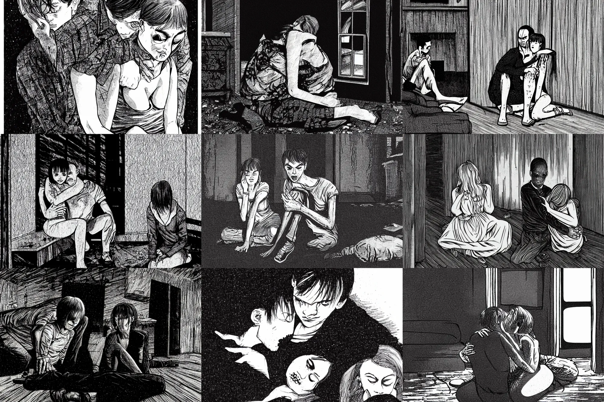 Prompt: close up of man and woman sitting on the floor while hugging each other in the darkness, very dark dilapidated living room of a modern house, night, illustration, finely detailed, by junji ito and george romero