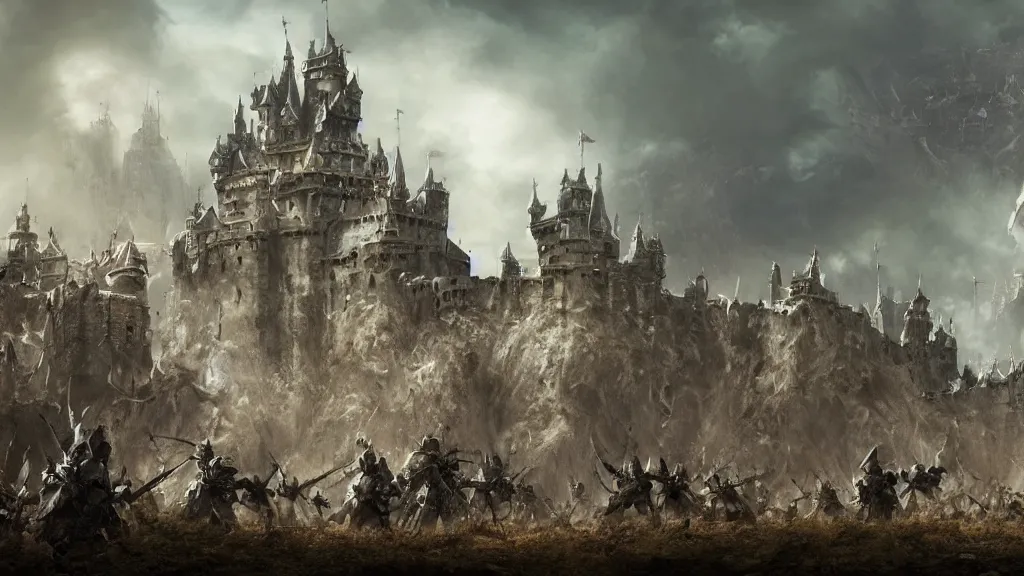 Prompt: A fantasy army marching upon a castle, concept art, matte painting, 8k, highly detailed, artstation
