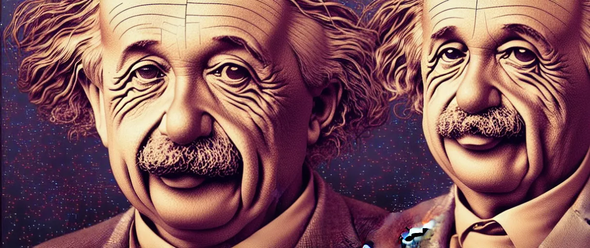 Prompt: portrait of albert einstein on curved spacetime mesh in higher dimensions - cinematic lighting - art, by wlop, james jean, victo ngai! muted sepia colors, very detailed, art concept by craig mullins, thomas kinkade cfg _ scale 8