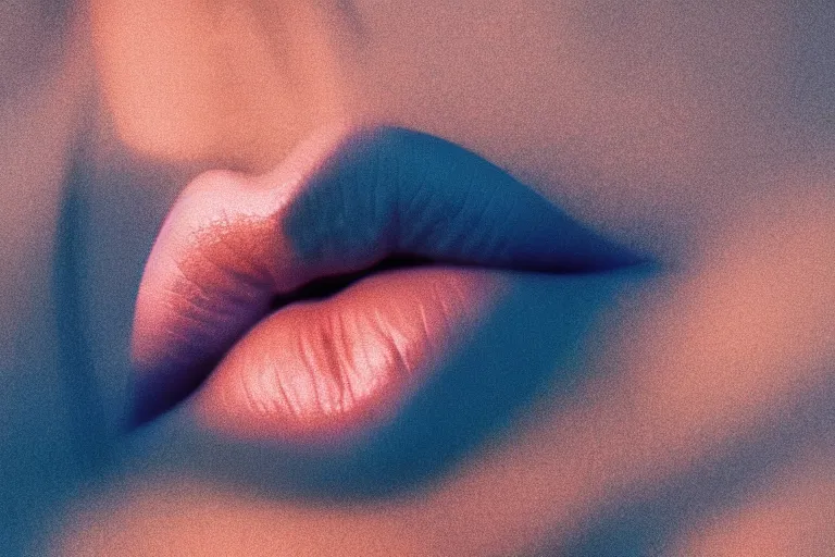 Prompt: film photography, minimalism, lips with smeared lipstick in motion blur in blue fog, golden hour, 35mm, motion blur