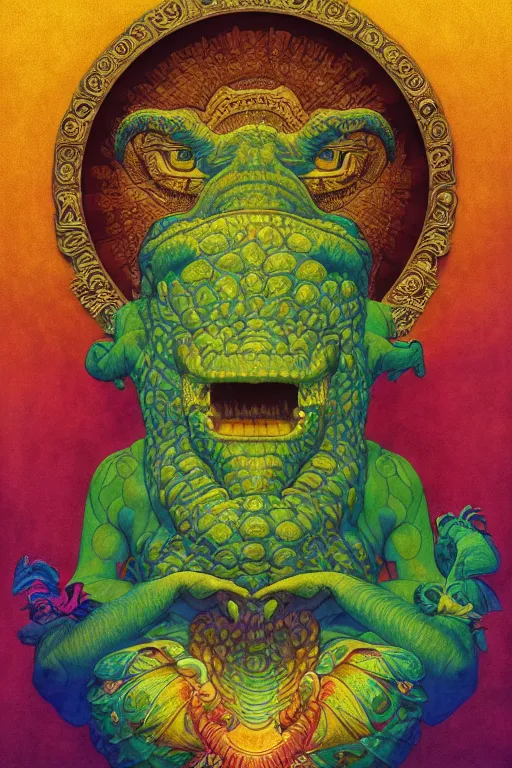 Image similar to beautiful crocodile headed god by maxfield parrish, mandala, coherent design, vivid colors, digital watercolor ink illustration painting, complementary color, golden ratio, detailed, sharp lines, sharp focus, intricate, rainbowshift, artgerm, gustave dore, alphonse mucha, octane render