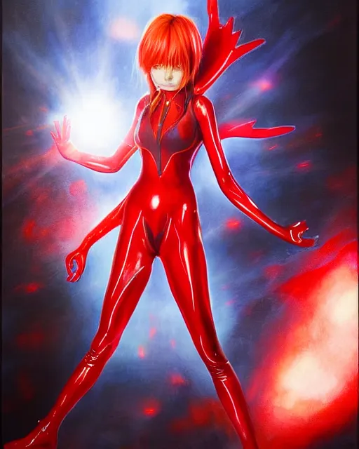 Prompt: asuka langley soryu wearing plugsuit, award winning photograph, radiant flares, realism, lens flare, intricate, various refining methods, micro macro autofocus, evil realm magic painting vibes, hyperrealistic painting by michael komarck - hollywood cosplay