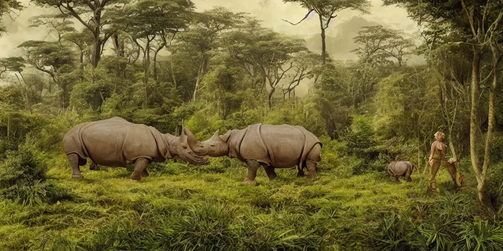 Prompt: about 4 2 to 2 1 million years ago, the sparse grassland was dominated by herbaceous plants, followed by conifers and temperate and warm temperate broadleaved trees. the background to the life of the giant rhino. in the asian rainforest immaculate details vintage polaroid photo hyper realistic ultra realistic photo realistic photography