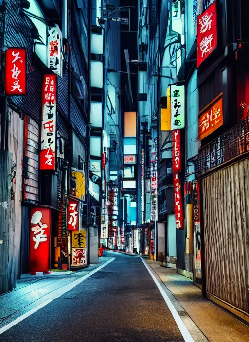 Image similar to weird streets of tokyo where no tourists are allowed, photorealistic, canon r 3, symmetry, octane render, unreal engine, dramatic lights