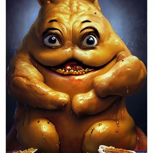 Image similar to hyper realistic, close up portrait of a derpy mr. bean, big chungus covered in wet mac and cheese by greg rutkowski, scott m fischer, artgerm, loish, slight glow, atmospheric