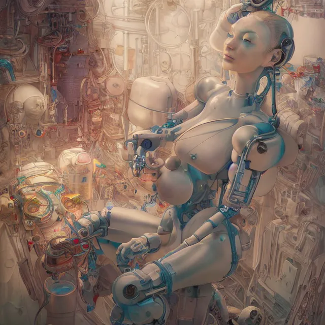 Prompt: the portrait of true neutral colorful female cyborg milk maid as absurdly beautiful, gorgeous, elegant, lactating robot, an ultrafine hyperdetailed illustration by kim jung gi, irakli nadar, intricate linework, bright colors, final fantasy, unreal engine 5 highly rendered, global illumination, radiant light, detailed and intricate environment