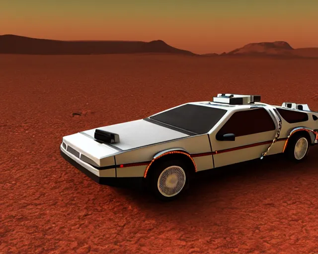 Image similar to doc brown and the delorean on mars, sunset, volumetric light