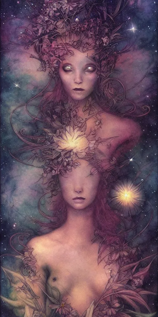 Image similar to tropical flowers, night sky background, nebula, beautiful! coherent! by brom, by brian froud, deep color, strong line, high contrast