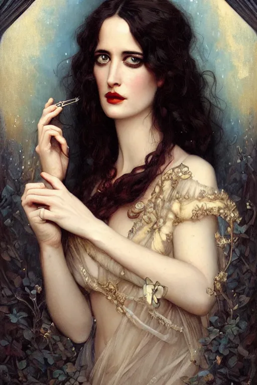 Image similar to Eva Green by Tom Bagshaw in the style of Gaston Bussière, art nouveau