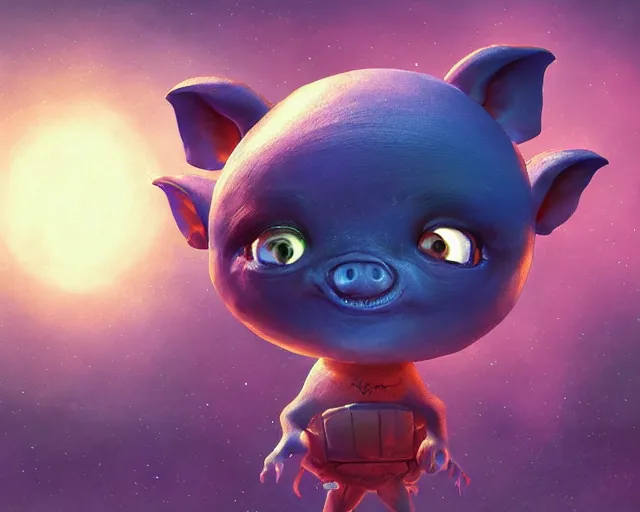 Image similar to 3D Fantasy Cute and adorable small alien piggy in space, huge adorable eyes, bright stars, Smooth 3D Illustration, soft render, Servando Lupini, Daniil Kudriavtsev, handpaint texture, Blender, 3DCoat