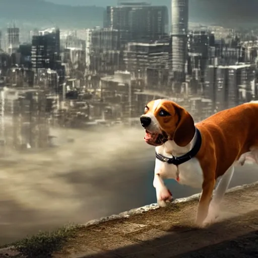 Image similar to gigantic 1 0 0 meters beagle dog attacking a city, epic cinematic, 4 k, very high detail