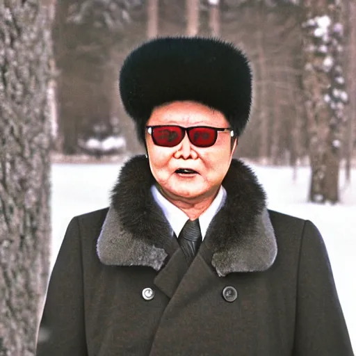 Image similar to filmstill of Kim Jong-il wearing a furry chapka and playing the role of Omar Sharif in Doctor Zhivago by David Lean, man in grey winter coat, cold Russian winter, snow and trees, Prussian architecture, old Russian interior, Doctor Zhivago movie shot, minimal composition, 1965, cinemascope, Eastman Color Negative 50T 5251 Neg. Film, epic romance