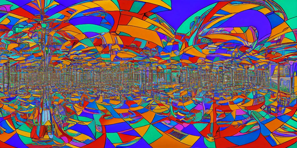 Image similar to colorful equirectangular room by escher