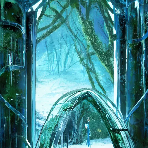 Image similar to frozen derelict portal in a middle of a snowy lush futuristic forest, green lush world seen only through a portal, daylight, cinematic lighting, blue sky, syd mead, john harris