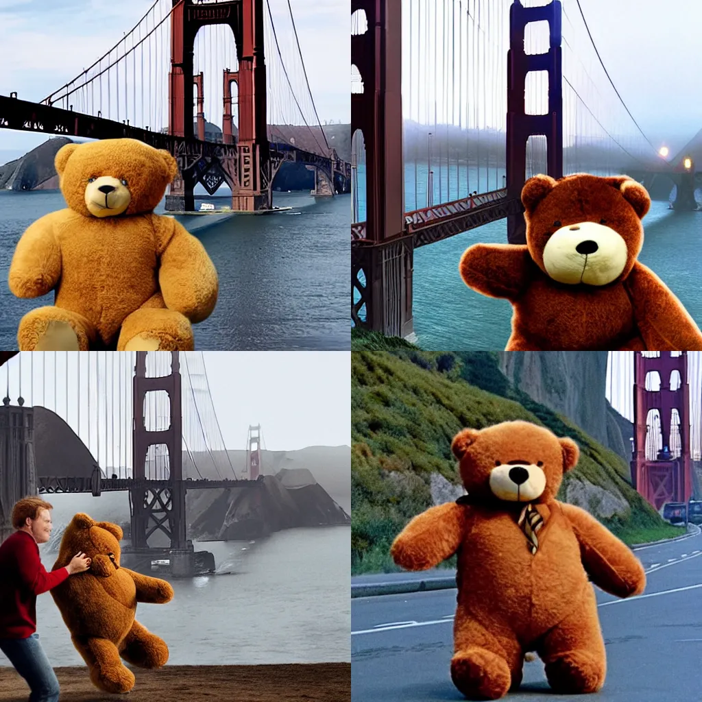 Prompt: harry potter fighting a giant teddy bear near the golden gate bridge.