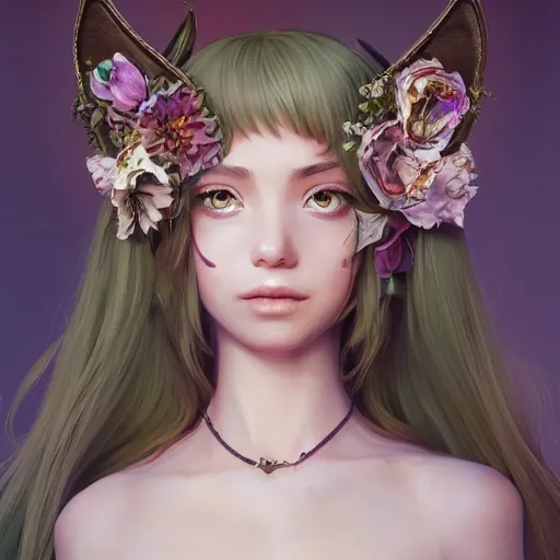 Prompt: a stunning portrait of an olive - skinned witch with cat ears wearing an ornate flower dress, by makoto shinkai, wlop, andrei riabovitchev, sakimichan, summer vibes, very coherent symmetrical artwork, perfect face, studio lighting, 4 k, masterpiece, trending on artstation