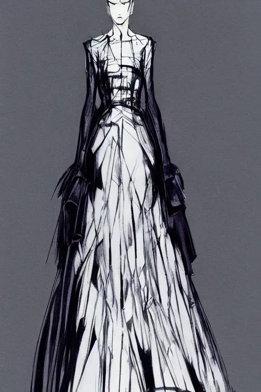 Image similar to dior haute couture dress, concept art, dark colors, high end fashion, style by yoji shinkawa, full body shot