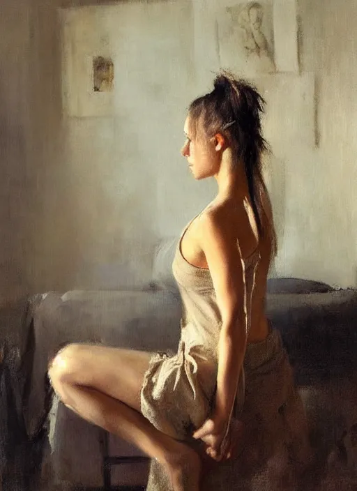 Image similar to beautiful portrait painting of a woman with a ponytail posing in an artistic pose over a bed, by jeremy mann, only one head single portrait