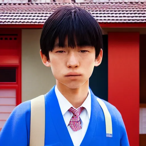 Prompt: boy wearing a japanese middle school uniform standing in front of his home in san fransokyo, close up portrait photo, hyper detailed, digital art, trending on artstation, cinematic lighting, studio quality, smooth render, unreal engine, octane render, photorealistic, atmospheric