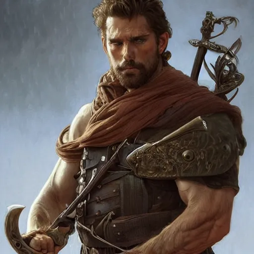 Prompt: portrait of a rugged ranger, muscular, upper body, sword, bow, D&D, fantasy, intricate, elegant, highly detailed, digital painting, artstation, concept art, smooth, sharp focus, illustration, art by artgerm and Greg Rutkowski and Alphonse Mucha