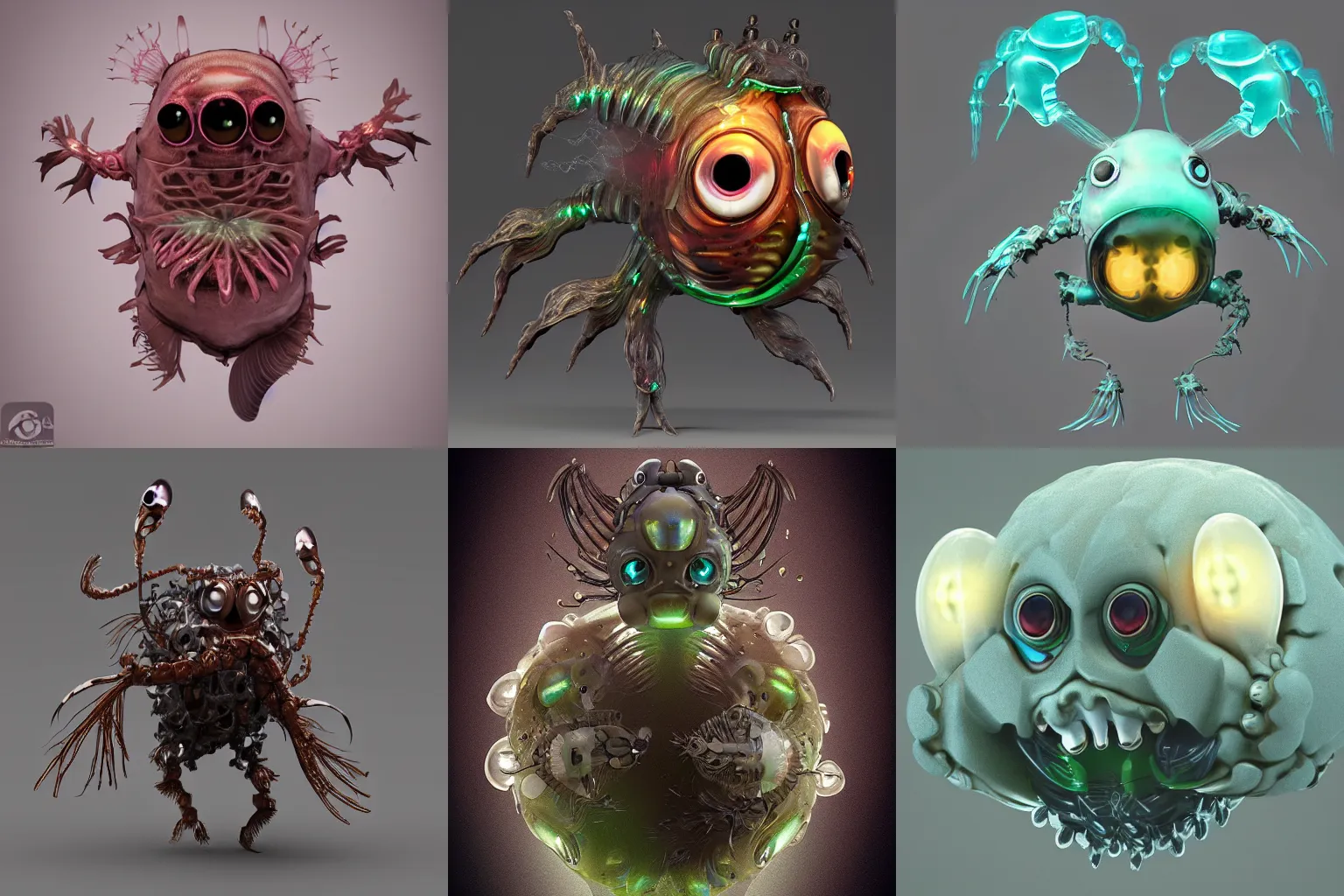 Prompt: cute! biomechanical mask, ghost shrimp, Barreleye fish, translucent SSS xray, Barreleye, rimlight, jelly fish dancing, fighting, bioluminescent screaming pictoplasma characterdesign toydesign toy monster creature, zbrush, octane, hardsurface modelling, artstation, cg society, by greg rutkowksi, by Eddie Mendoza, by Peter mohrbacher, by tooth wu