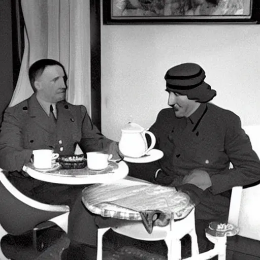 Image similar to a photo of hitler take tea with a muslim, photorealistic, realism, black and white