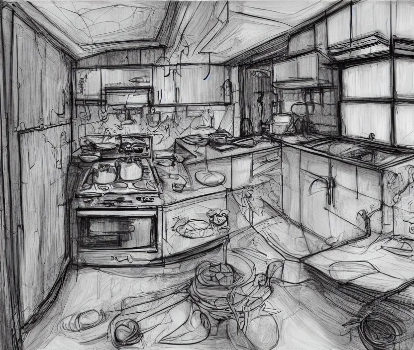 Image similar to An of interior of a kitchen at night, rotoscoped, rotoscope, photoshop, photomanipulation, realism, painting, illustration and sketch, weird scribbles, hybrid styles, hybrid art styles, mismatched, trending on artstation, trending on deviantart, weird, quirky, interesting, very detailed, highly detailed, HD Quality, 4k resolution, 8k resolution, in the style of David Firth, in the style of James Lee, in the style of Drue Langlois,