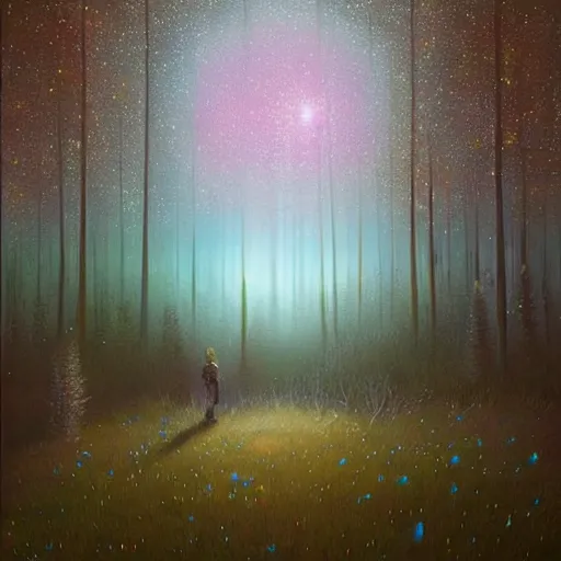 Prompt: a beautiful, mysterious and realistic painting of the universe with several forests and stars in it, iridescent color hurs, painted by jane graverol beeple and rhads, trending on deviantart