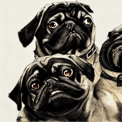 Image similar to self portrait showing family of pugs by yoji shinkawa, extra details, colored, 4 k, dynamic lighting