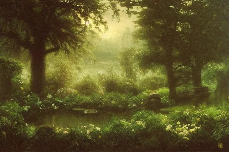 Image similar to secret garden, lush, floral, botanical, romanticism, dreamy, dark, moody, hudson river school