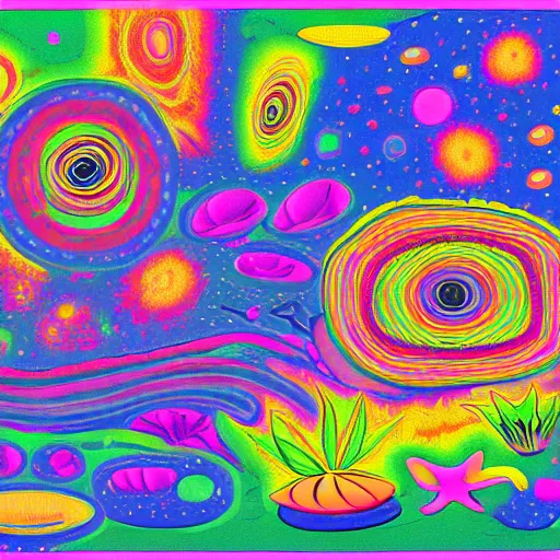 Image similar to psychedelic trippy couch in space, planets, plants, flowers, mushrooms milky way, sofa, cartoon by alvar aalto