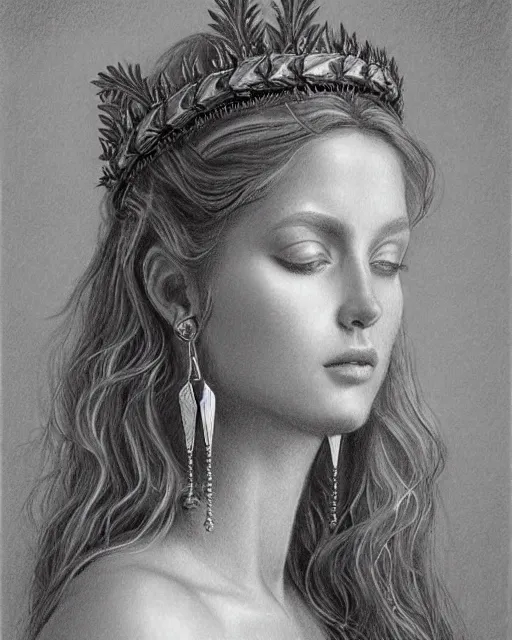 Prompt: pencil drawing of a beautiful greek goddess aphrodite wearing a laurel wreath and arrowhead earrings, beautiful confident eyes, beautiful flowing hair, hyper realistic face, in the style of greg rutkowski, fantasy, amazing detail, epic, elegant, smooth, sharp focus, from the front, long shot