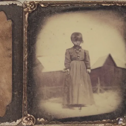 Image similar to tintype photo of a creepy girl holding a squid with a burning barn in the background