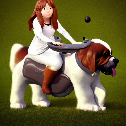 Prompt: girl riding a giant saint Bernard at the park that is catching a ball, trending on artstation