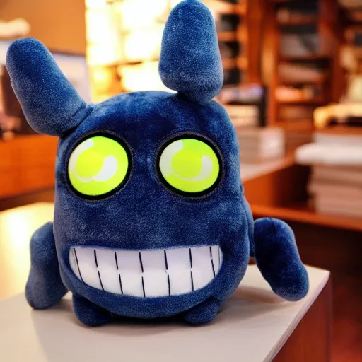 Image similar to cute fumo plush of a black and blue monster, many eyes, kawaii, symmetry