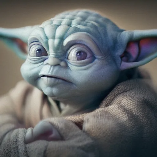 Image similar to full body pose, hyperrealistic photograph of a unique baby yoda, dim volumetric lighting, 8 k, octane beautifully detailed render, extremely hyper detailed, intricate, epic composition, cinematic lighting, masterpiece, trending on artstation, very very detailed, stunning, hdr, smooth, sharp focus, high resolution, award, winning photo, dslr, 5 0 mm