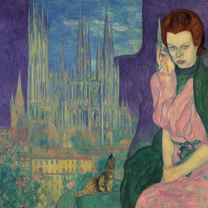 Image similar to close portrait of woman in transparent vaporous night gown with cat and aloe vera, with city with gothic cathedral seen from a window frame with curtains. sun through the clouds, vivid iridescent psichedelic colors. agnes pelton, egon schiele, munch, henri de toulouse - lautrec, utamaro, monet