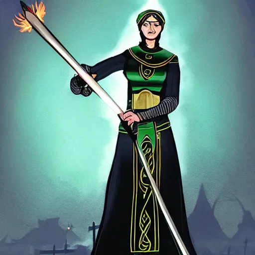 Image similar to A celtic-looking valkyrie nun wearing lightweight armor and wielding a splinter sword, at night, with a flame arrow rain on the background, award-winning digital art