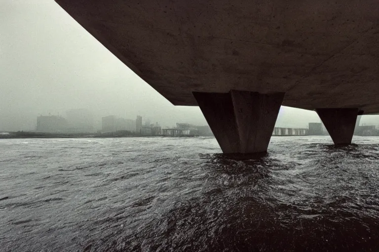 Image similar to an brutalist structure forming from the water, rainy day, beautiful lighting, high depth, ultra realistic, artistic, by annie leibovitz