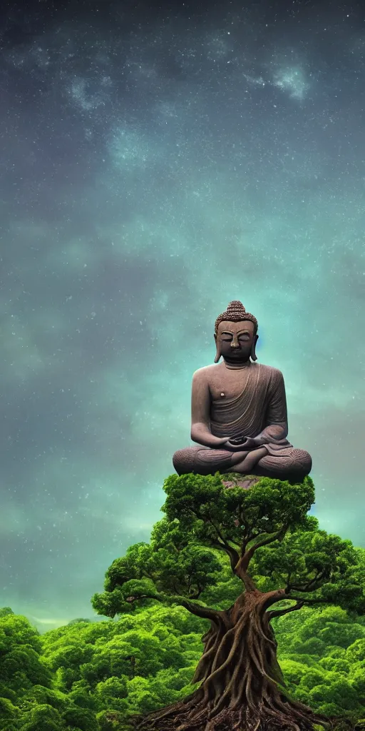 Prompt: big budha statue standing in the middle of a matte landscape with a world tree with branches in the stars and roots in the underworld, vast, epic, starry, lush, greenery, cinematic color scheme, by artstation artists and andrei tarkovsky, 4 k wallpaper, glossy paper quality